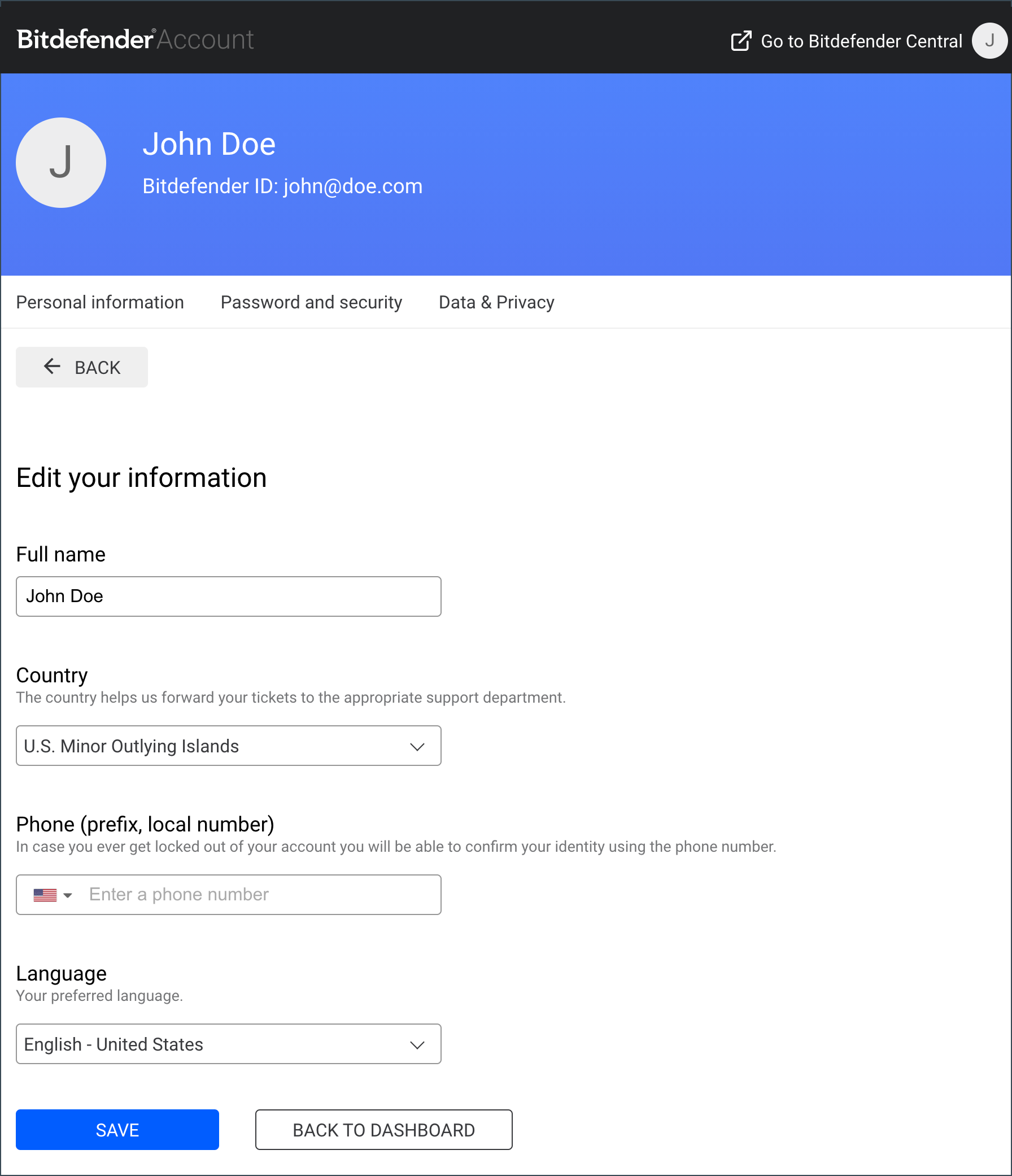Bitdefender account