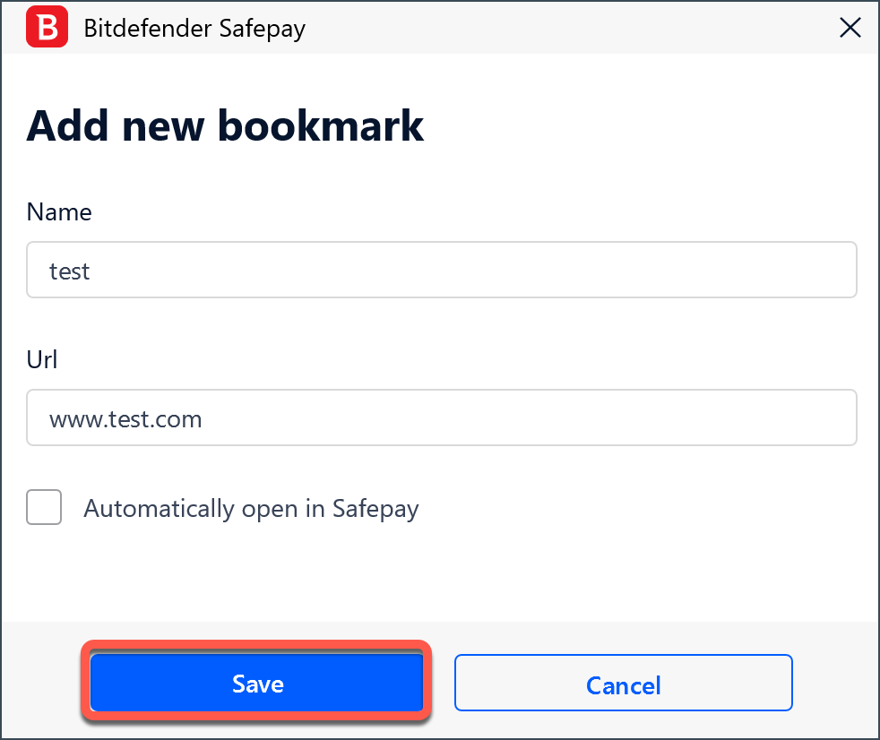 Click Save after you modify a Bitdefender Safepay bookmark