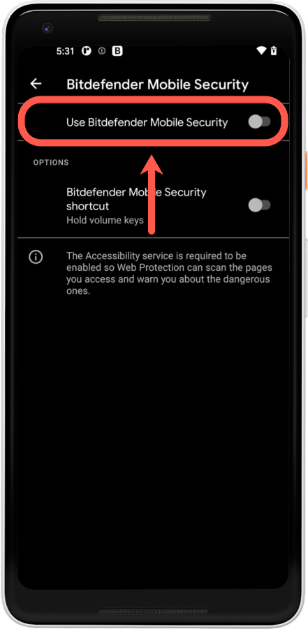 Wenn sich der Internet-Schutz ausschaltet, lassen Sie Bitdefender in der Eingabehilfe zu und schließen Sie die App in den Batteriesparoptionen aus. 2