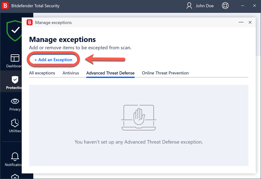 Click Add an Exception to stop Advanced Threat Defense from blocking a process
