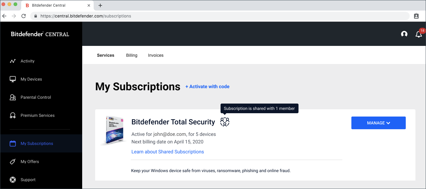 Bitdefender Shared Subscriptions