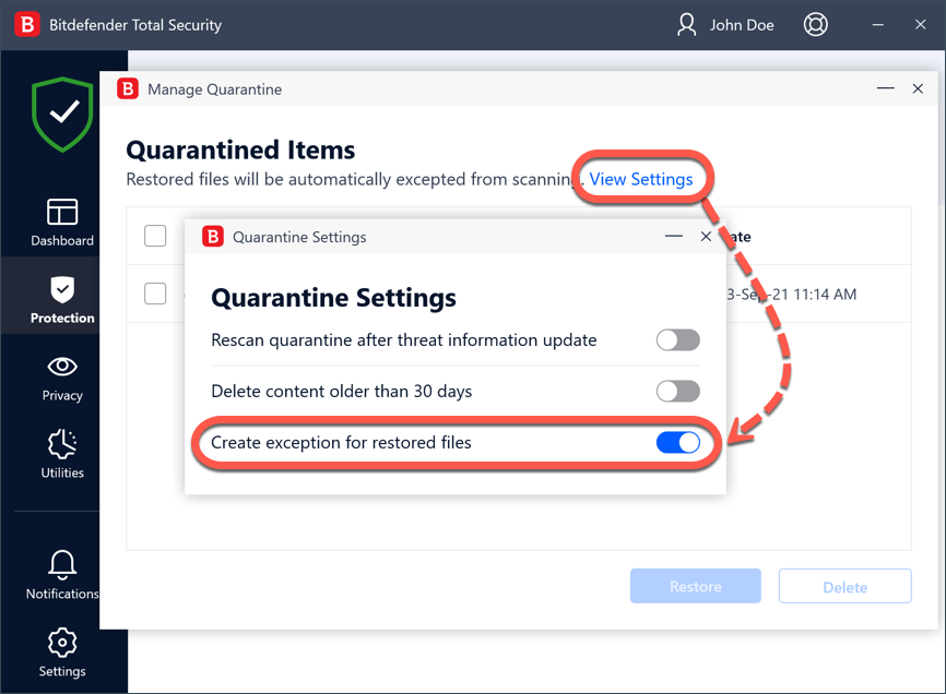 restore files from Bitdefender quarantine - step 3