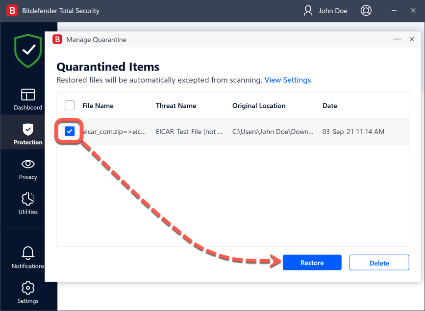 restore files from Bitdefender quarantine - step 4