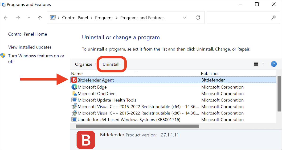 uninstall Bitdefender Agent