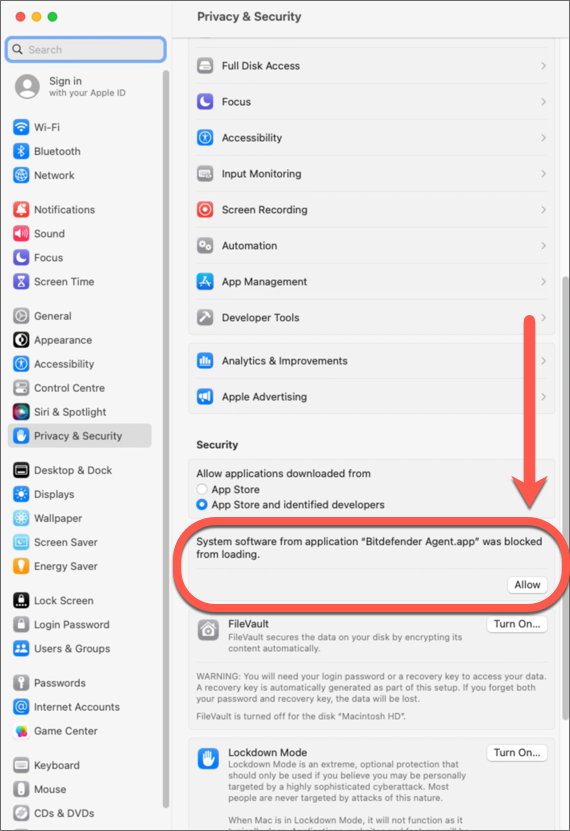 Allow Bitdefender in Privacy & Security