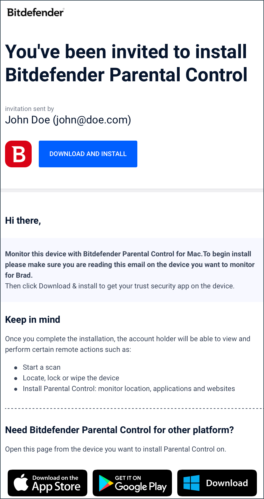 Invitation to install Bitdefender Parental Control on Windows