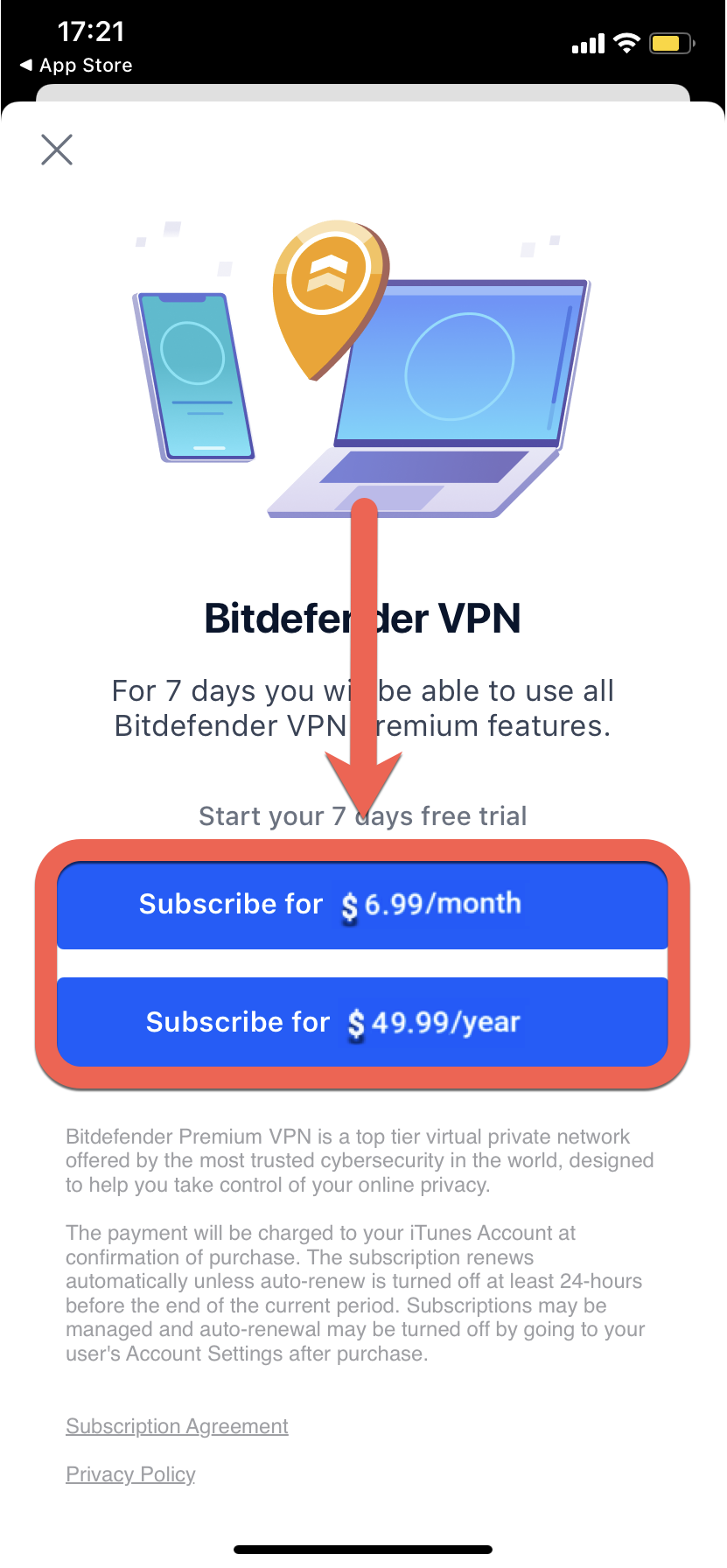 Subscriptions plans for Bitdefender Premium VPN on iOS 