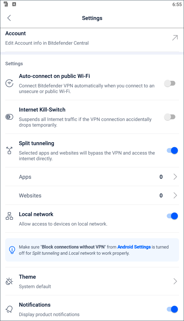 Bitdefender VPN for Android - Settings