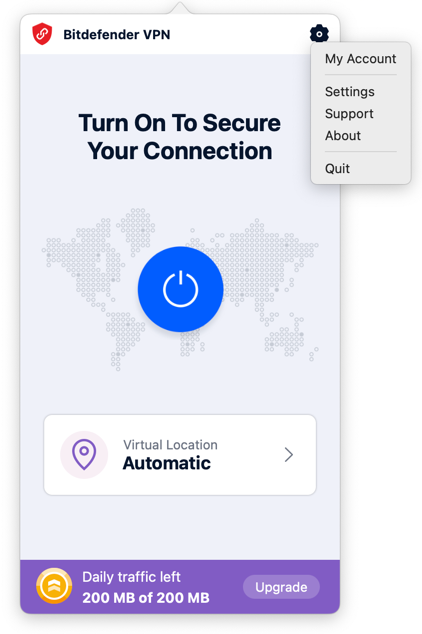 Bitdefender VPN for Mac - Settings menu