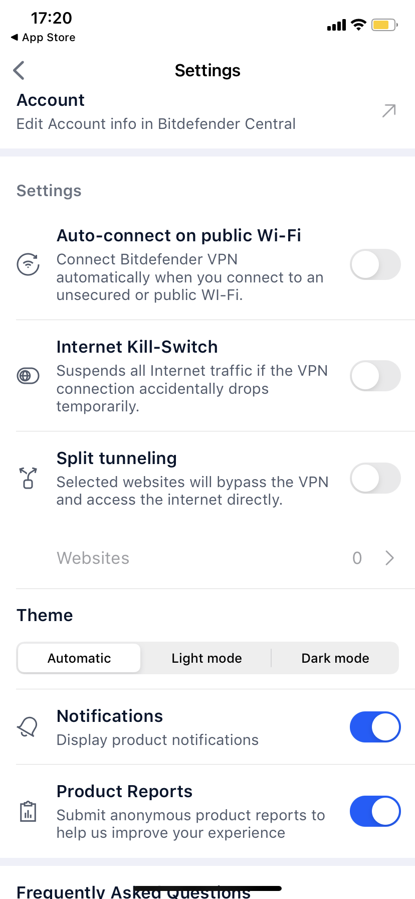 Bitdefender VPN for iOS - Settings