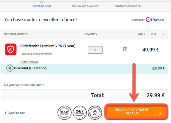 BILLING & PAYMENT DETAILS - Bitdefender shopping cart