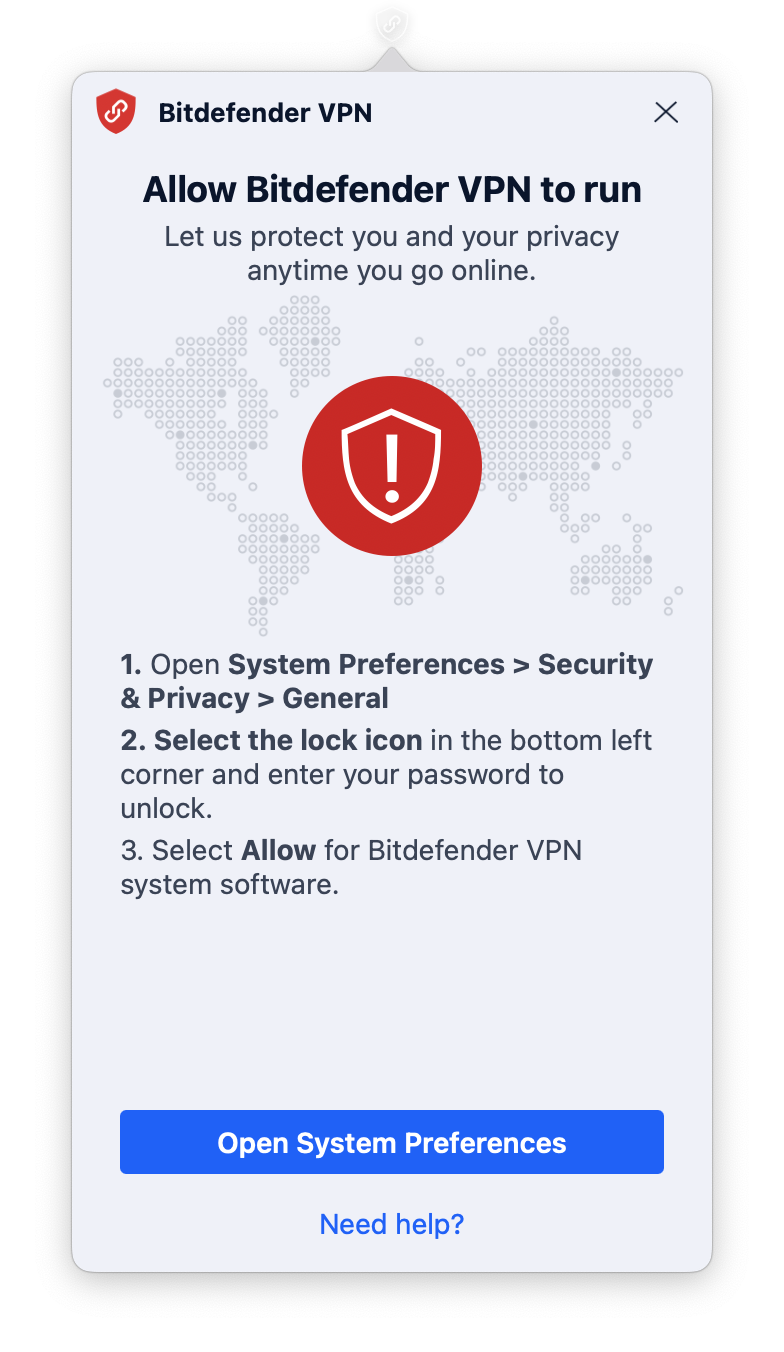 Bitdefender VPN for Mac - Open System Preferences to allow the VPN