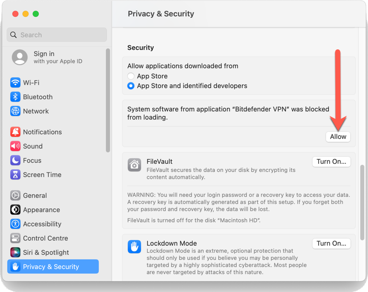 Allow Bitdefender VPN for Mac in Privacy & Security