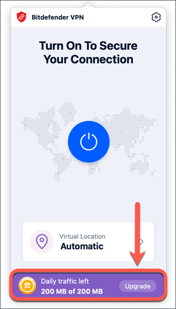 Click the Upgrade button to purchase Bitdefender Premium VPN on Mac