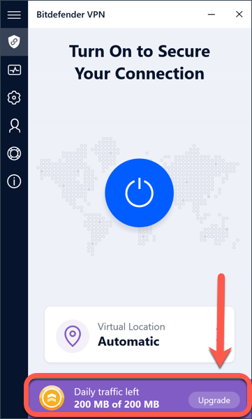 The UPGRADE button in Bitdefender VPN for Windows.