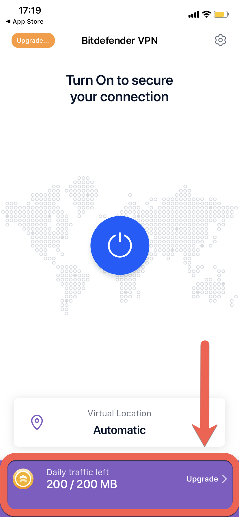Tap Upgrade to subscribe to Bitdefender Premium VPN on iOS or iPadOS