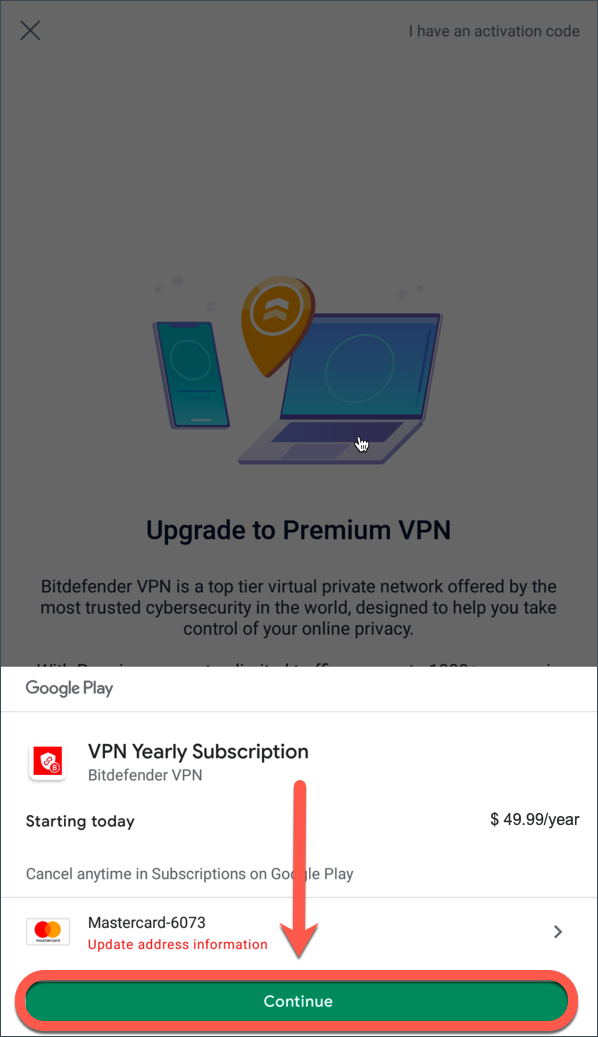 Upgrading to Bitdefender Premium VPN on Android - Continue button