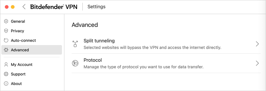 Bitdefender VPN for Mac - Advanced settings
