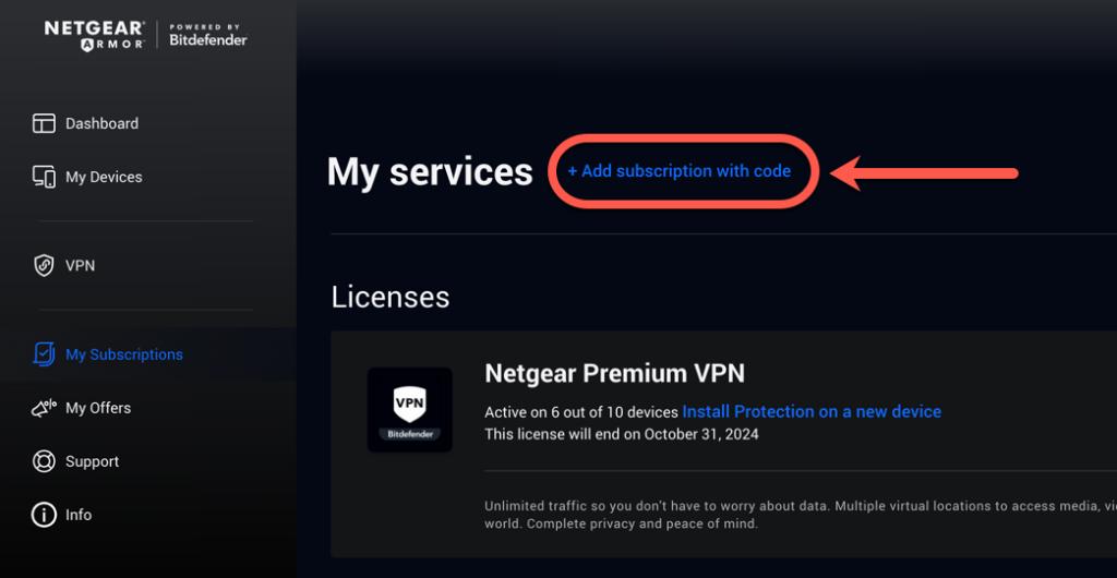 activate NETGEAR Armor subscription with code