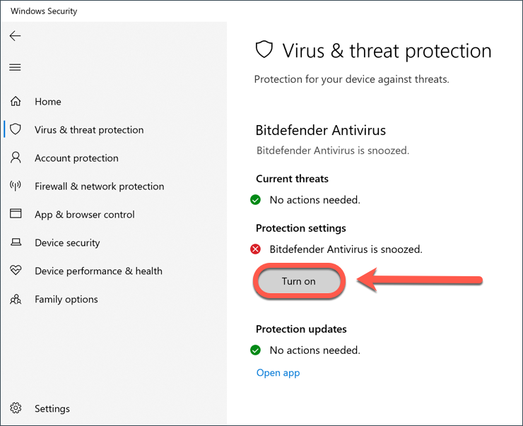 Turn on Bitdefender via Windows Security Center