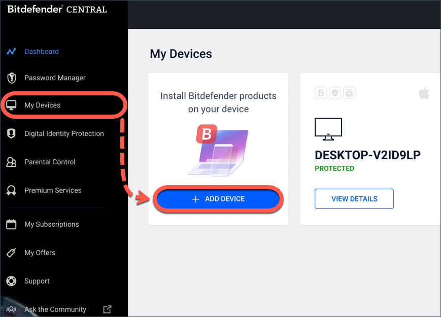 Windows'a Bitdefender'ı yüklemek için + üzerine tıklayın