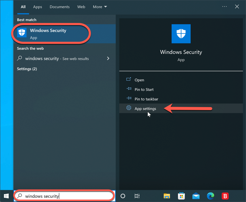 Windows Security App settings