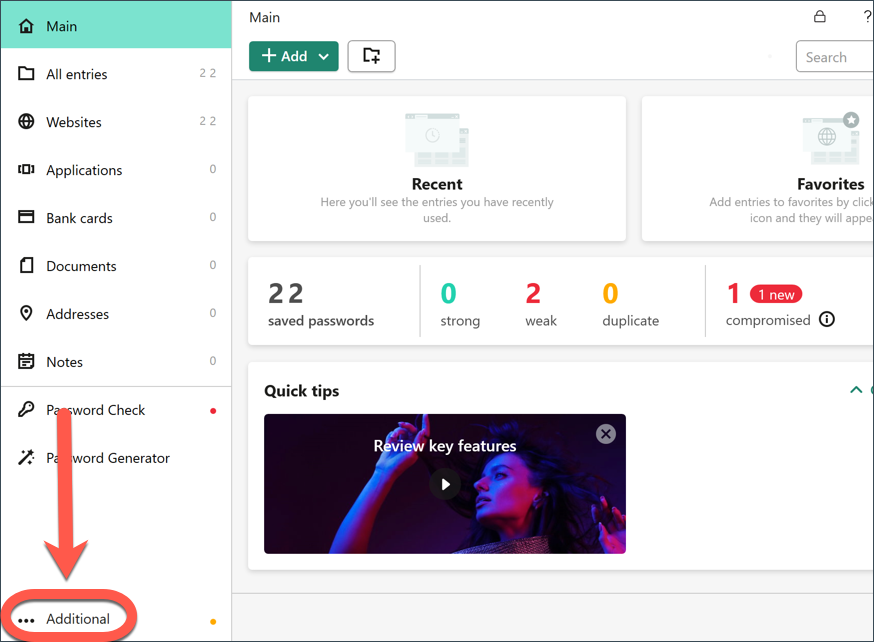 Kaspersky Password Manager menu