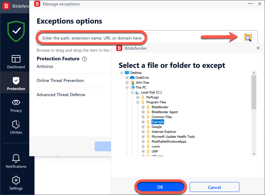 to exclude files folders from Bitdefender