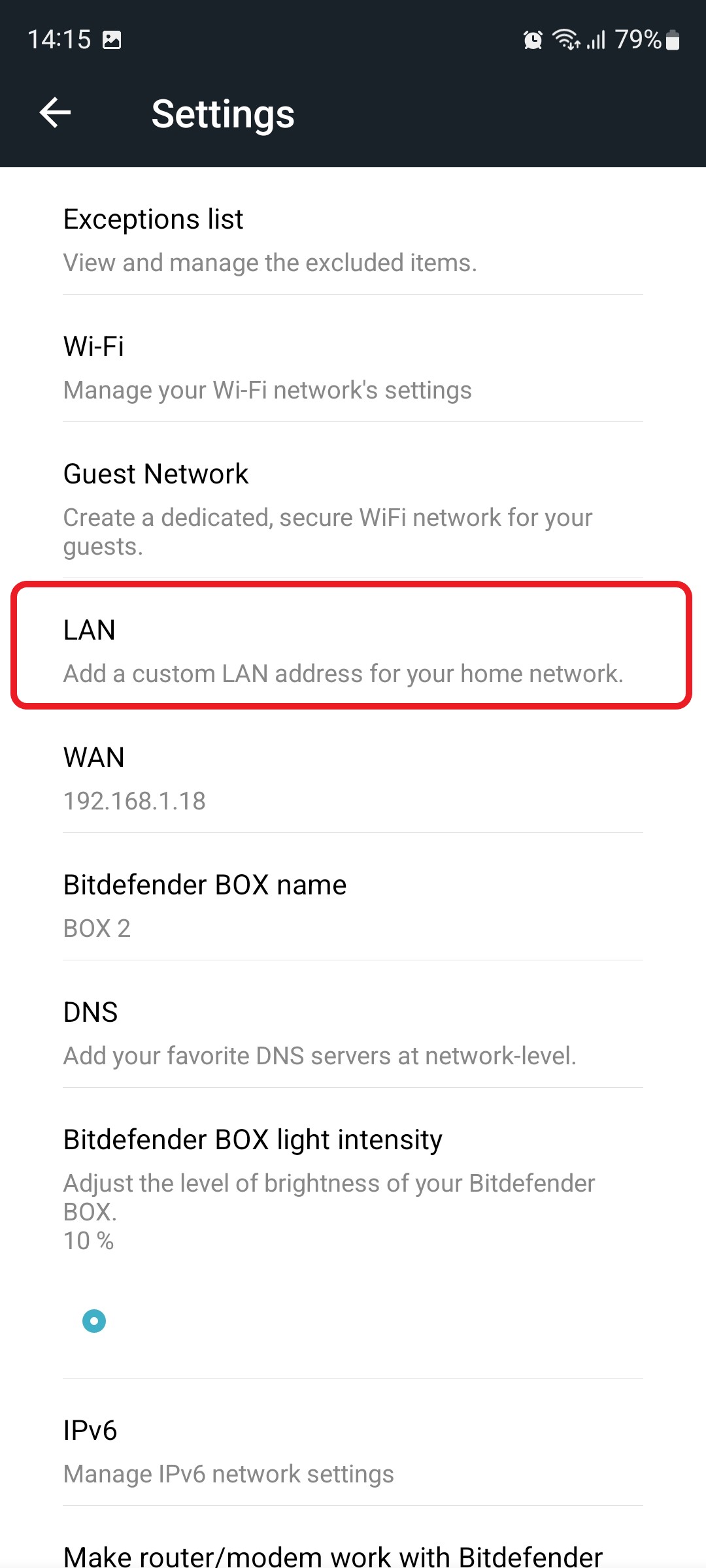 Bitdefender BOX LAN settings