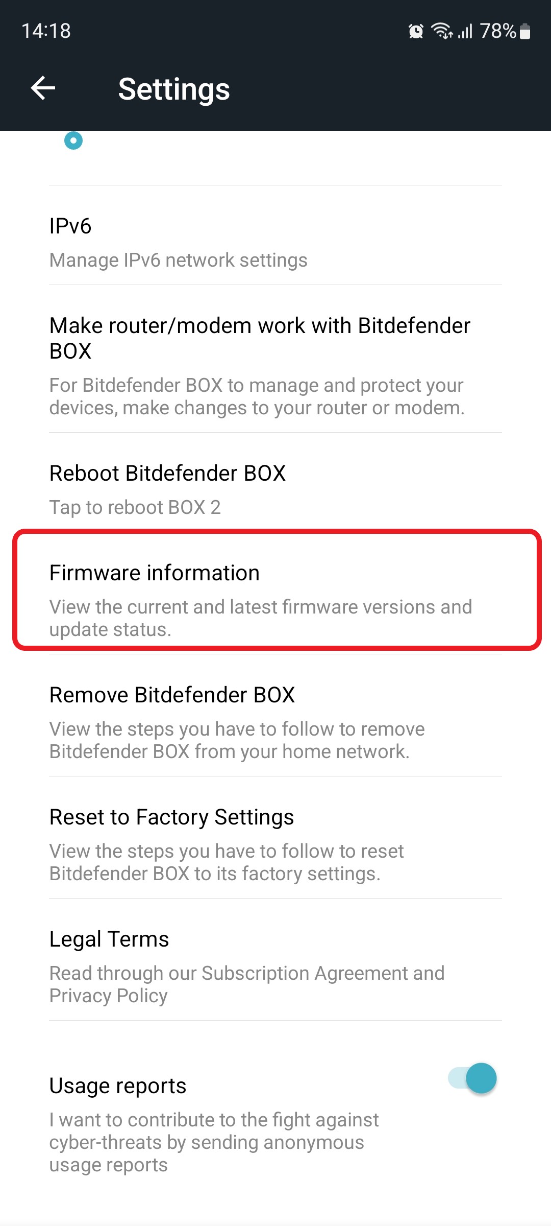 Checking the firmware version of Bitdefender BOX