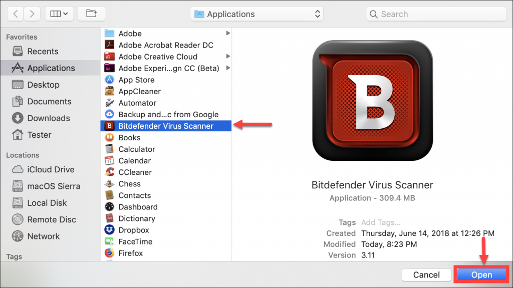 Select Bitdefender Virus Scanner and press Open.