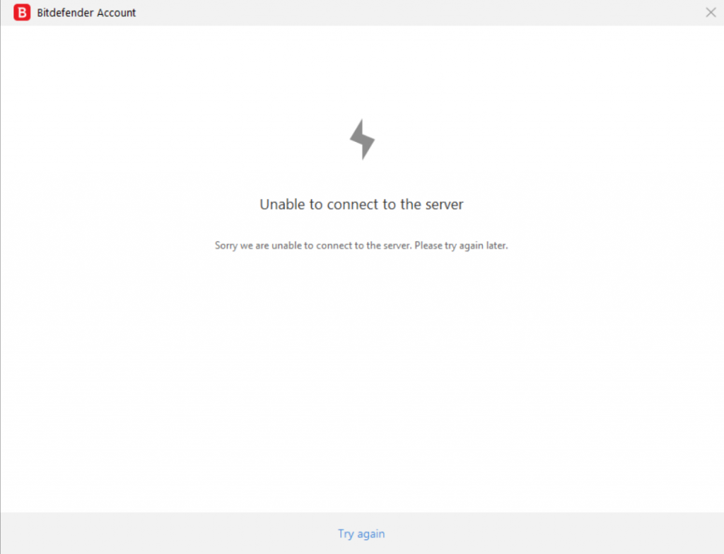 Bitdefender error message - unable to connect to the server