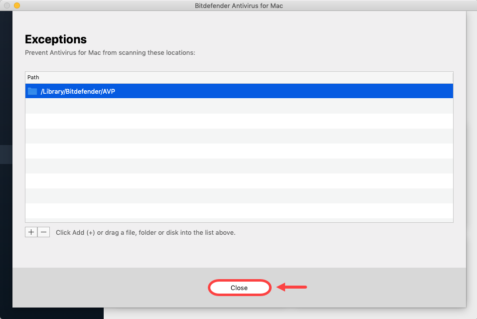 Add an antivirus exception in Bitdefender Antivirus for Mac - Exception window