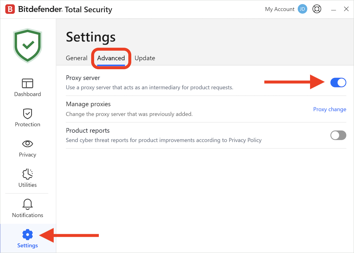 Bitdefender advanced settings > Proxy server