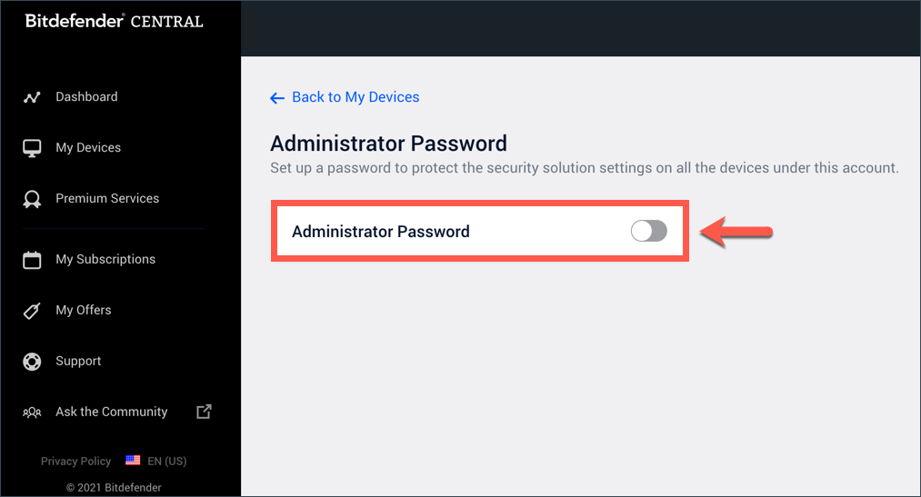 Bitdefender Small Office Security - Administrator password