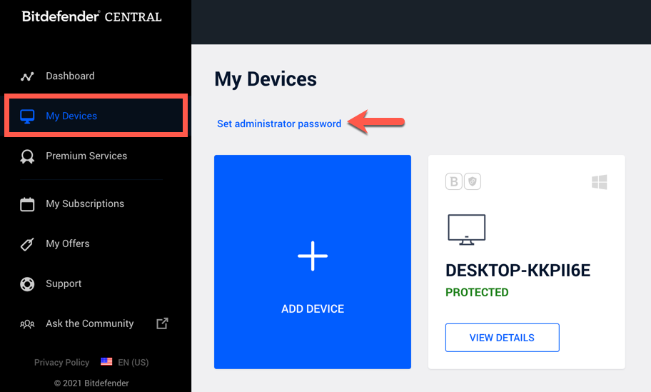 Bitdefender Small Office Security - Set administrator password