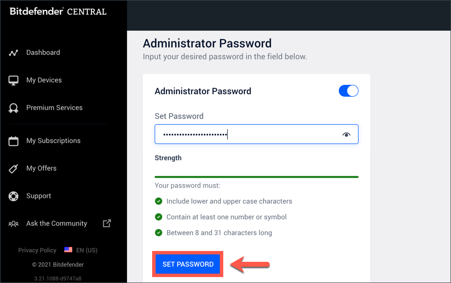 Bitdefender Small Office Security - Set password