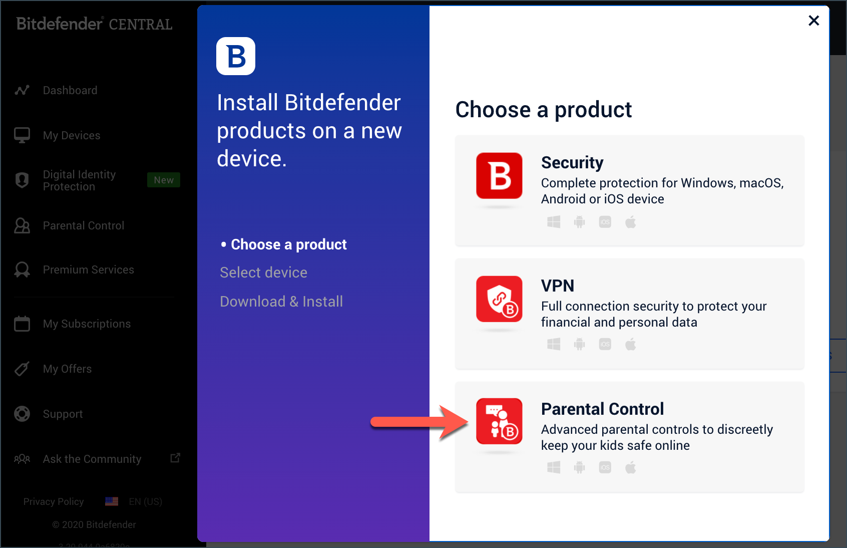 Select Parental Control to install Parental Control on Windows