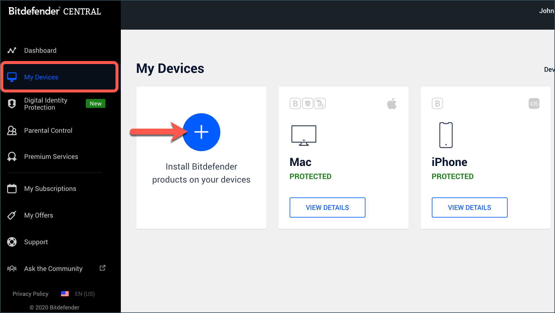 Go to Central > My Devices, to install Bitdefender Parental Control on Windows