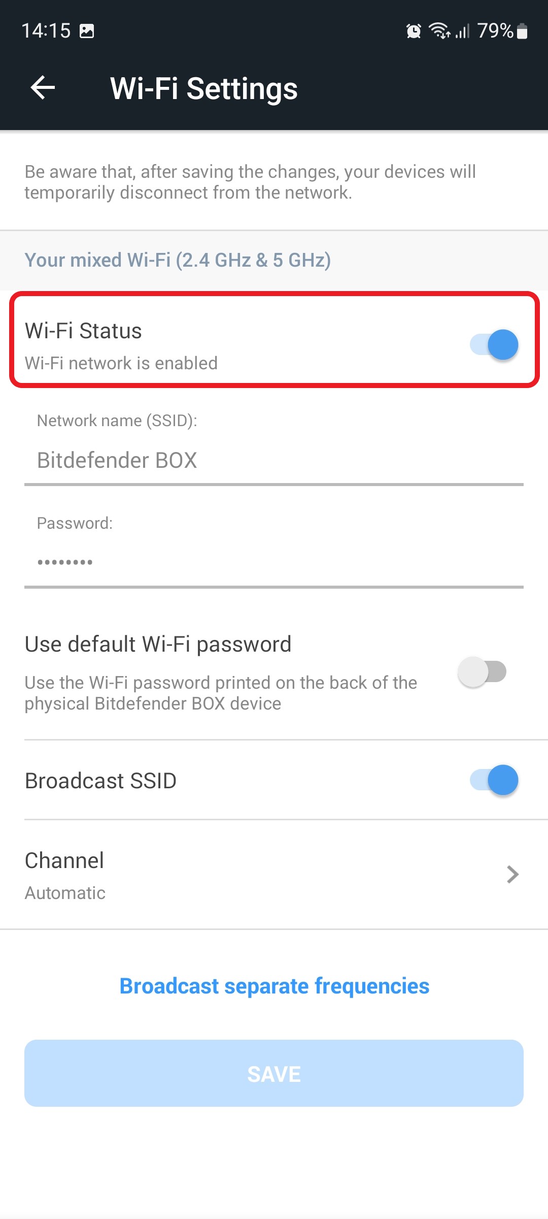 Wi-Fi Status allows you to turn Wi-Fi off or on - Bitdefender BOX
