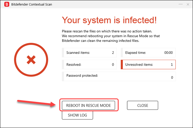 Bitdefender recommending Rescue Environment to eliminate threats
