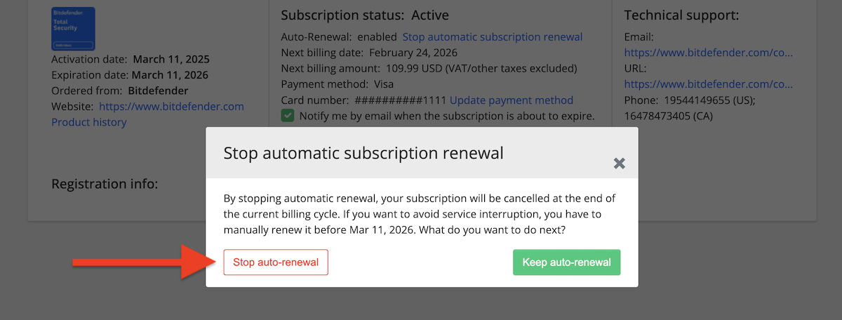 Stop Bitdefender auto-renewal via Verifone
