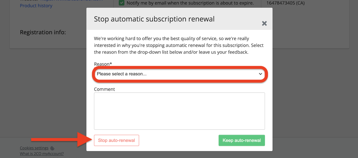 Select a reason + Stop Bitdefender auto-renewal via Verifone