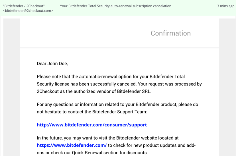 confirmation email: Your Bitdefender auto-renewal subscription cancelation