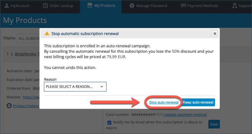 Confirm that you wish to stop auto-renewal