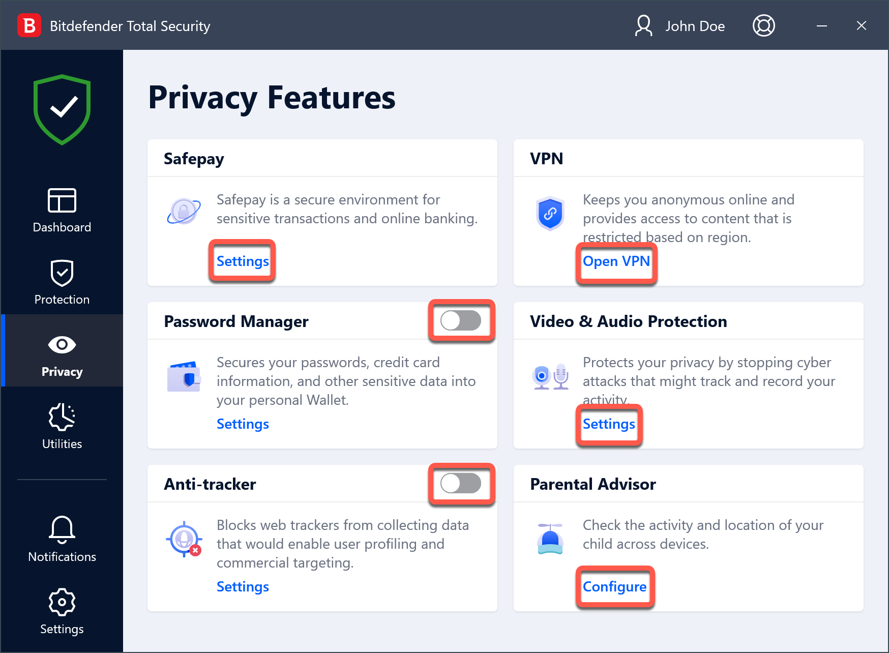How to disable all modules in Bitdefender - Privacy features