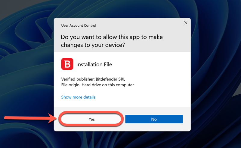 Bitdefender'ı Windows - UAC yükleyin