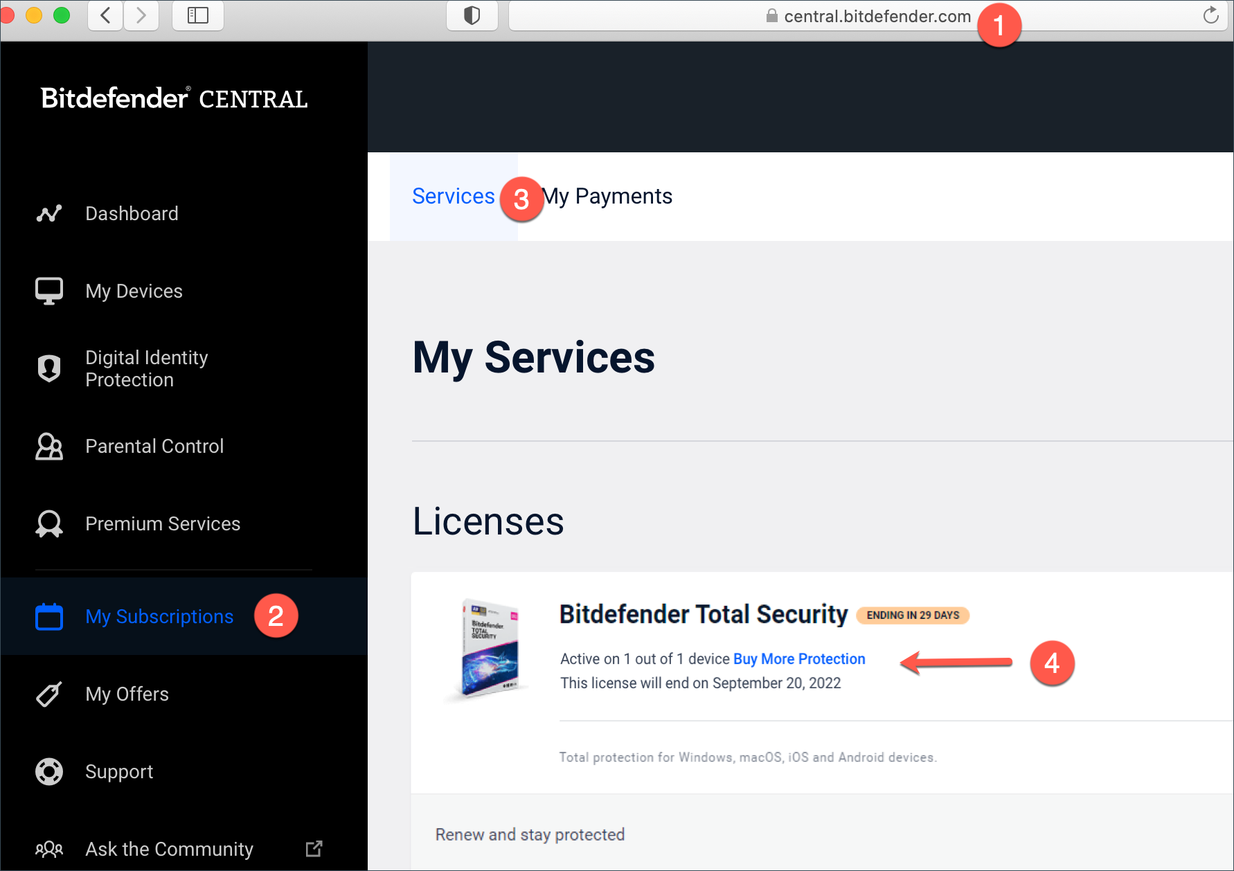Device limit reached - Buy more protection link - Central