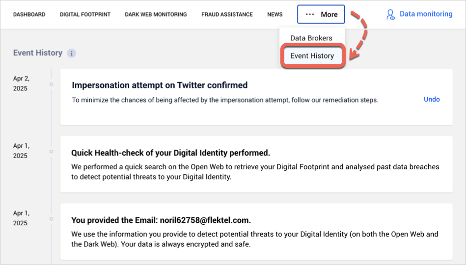 How to use Bitdefender Digital Identity Protection - Event history
