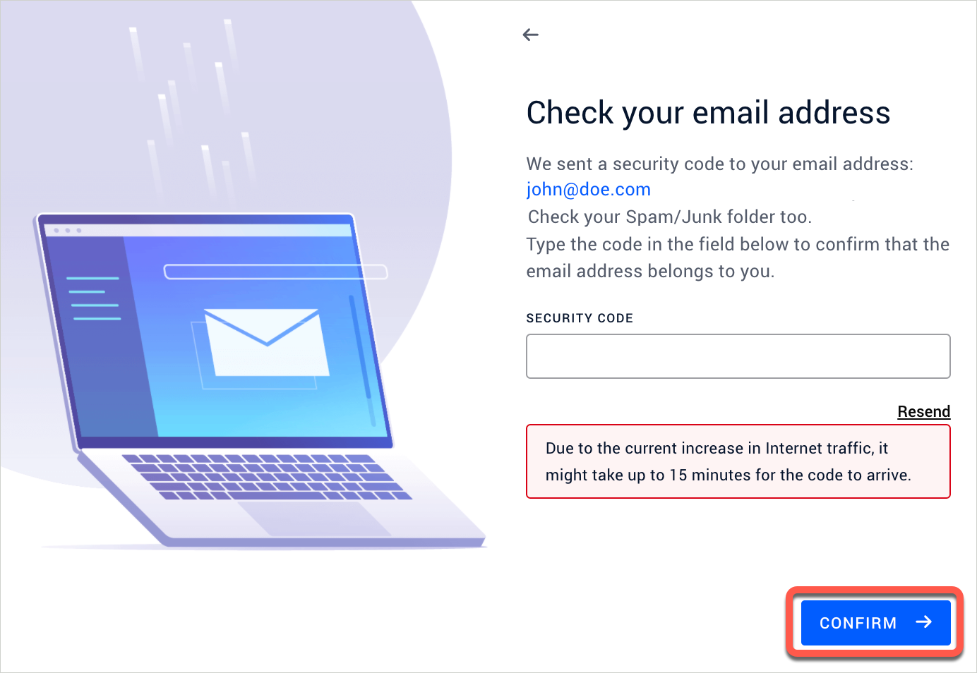 Enter the security code sent to your email address
